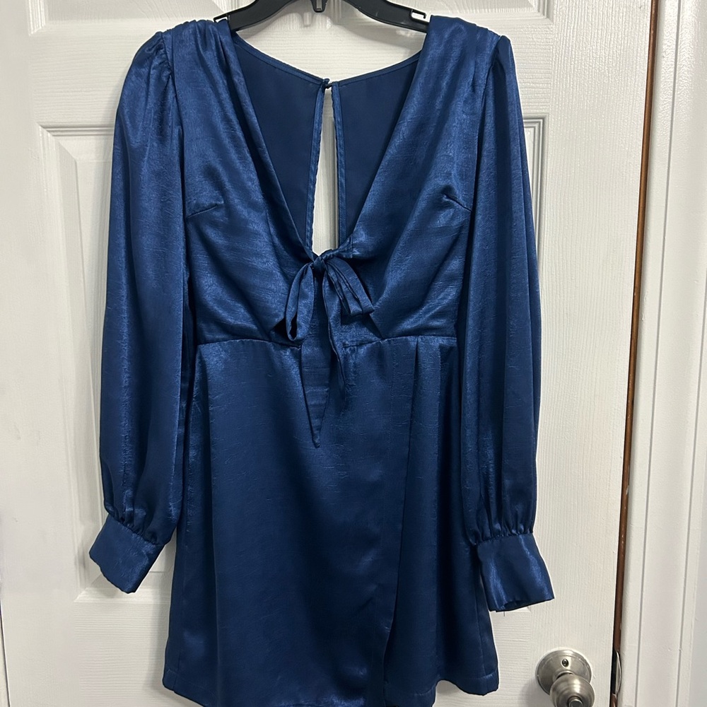 Moodie Navy Satin Dress with Front Tie
